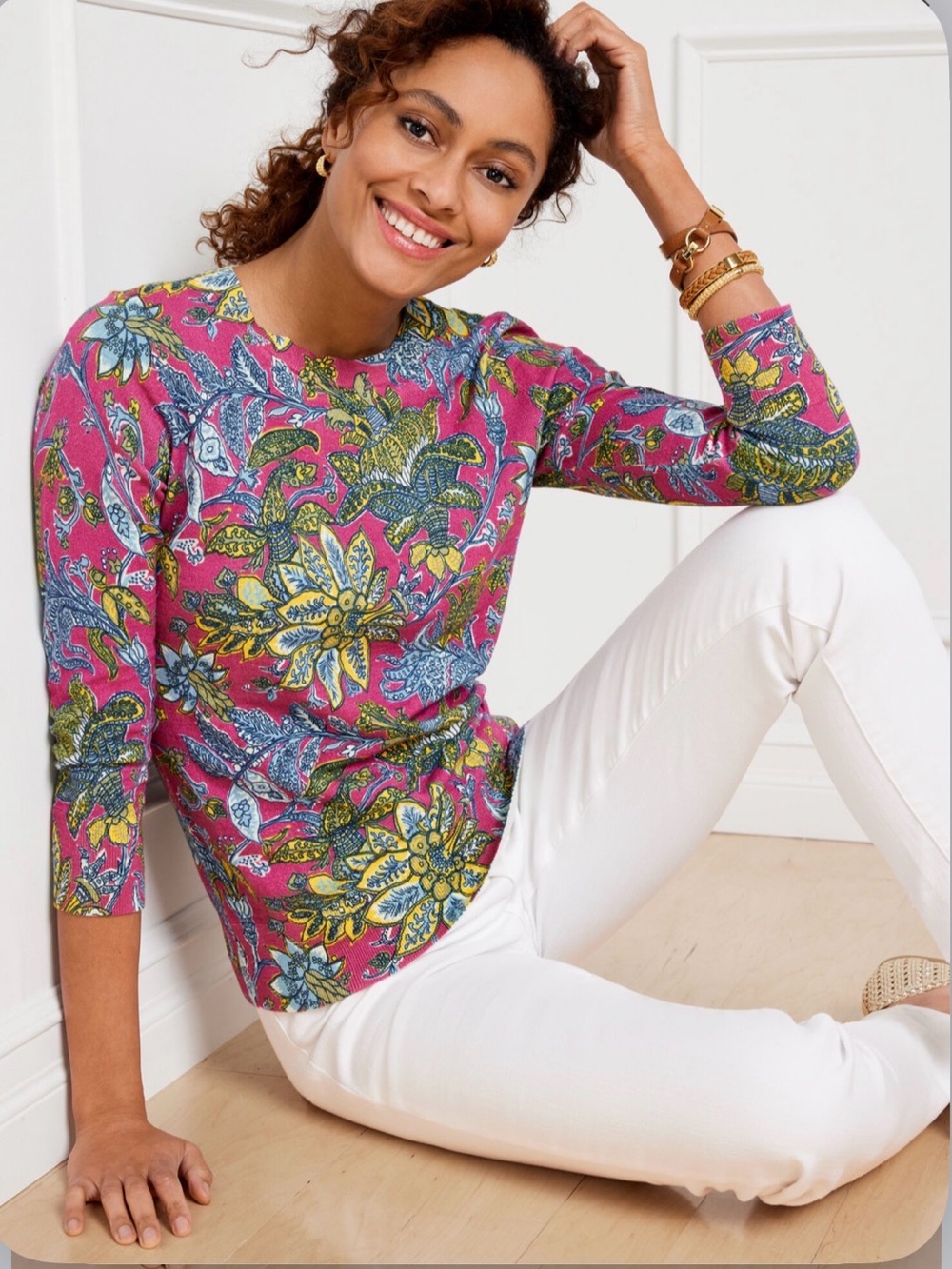 Medium 100% Cotton Talbots Crewneck Sweater LivelyFloral Paisley 3/4 sleeve